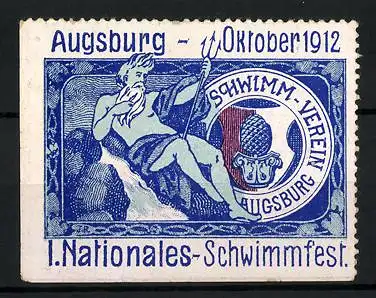 Reklamemarke Augsburg, I. Nationales Schwimmfest 1912, Neptun mit Dreizack
