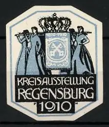 Künstler-Reklamemarke Paul Neu, Regensburg, Kreisausstellung 1910, Frauen tragen ein Wappen