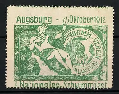 Reklamemarke Augsburg, I. Nationales Schwimmfest 1912, Neptun mit Dreizack