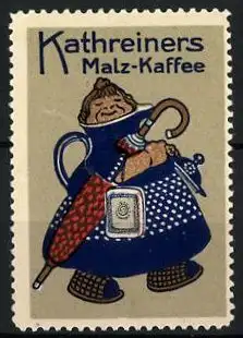 Reklamemarke Kathreiners Malz-Kaffee, Frau in einer Kaffeekanne