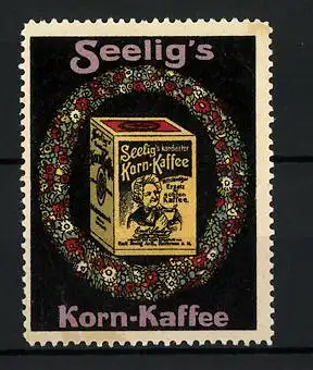 Reklamemarke Seelig's Korn-Kaffee, Schachtel im Blumenkranz