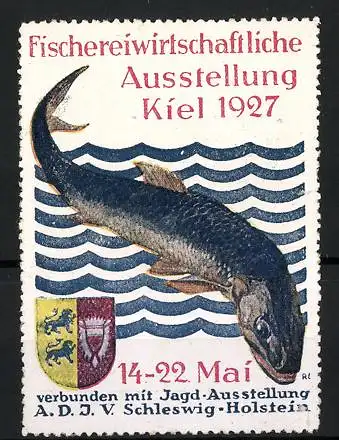 Reklamemarke Kiel, Fischereiwirtschaftliche Ausstellung 1927, Fisch und Wappen