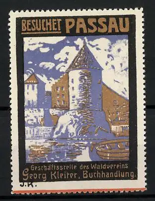 Reklamemarke Passau, Stadtansicht, Buchhandlung Georg Kleiter