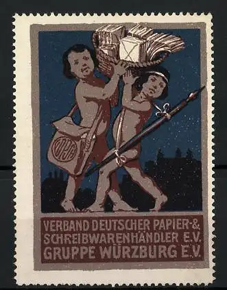 Reklamemarke Würzburg, Verband Deutscher Papier- und Schreibwarenhändler e.V., nackte Jungen mit Briefen