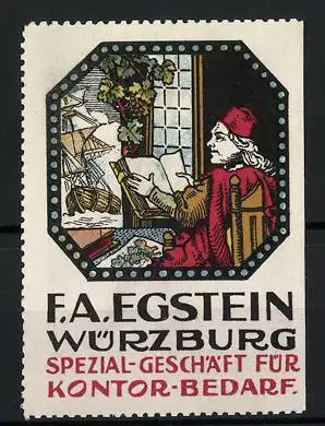 Reklamemarke Würzburg, Spezialgeschäft für Kontor-Bedarf F. A. Egstein, Maler mit Buch und Portrait