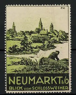 Künstler-Reklamemarke A. Reich, Neumarkt i. O., Blick vom Schlossweiher