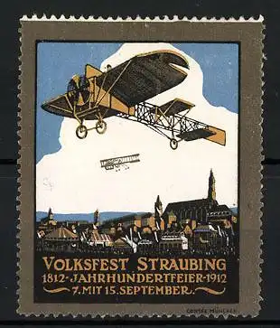 Reklamemarke Straubing, Volksfest & Jahrhundertfeier 1812-1912, Flugzeuge über der Stadt