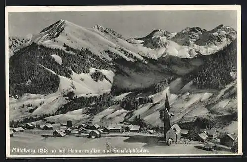 AK Mittelberg, Ortsansicht mit Kirche und Hammerspitze im Winter