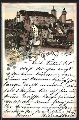 Lithographie Nürnberg, Ortspartie mit Schloss