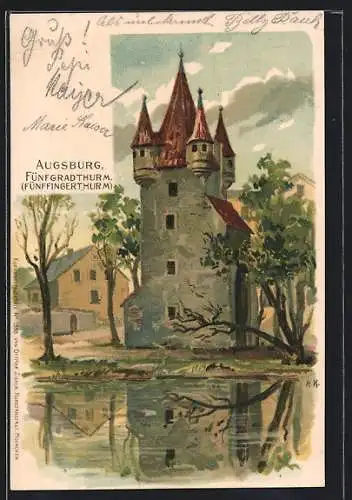 Lithographie Augsburg, Fünfgradturm, Fünffingerturm