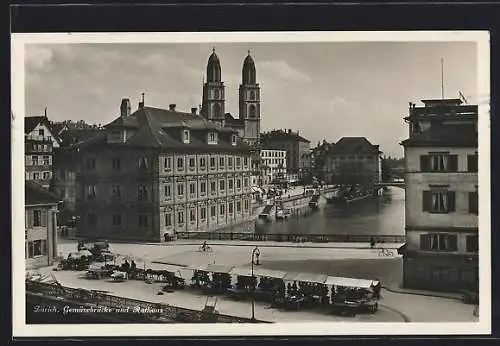 AK Zürich, Gemüsebrücke und Rathaus