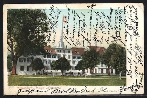 AK Weissbad, Park und Gebäude mit Fahne