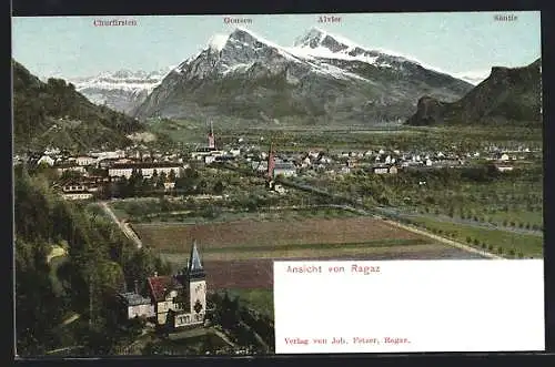 AK Ragaz, Ansicht gegen Churfirsten, Gonzen, Alvier und Säntis