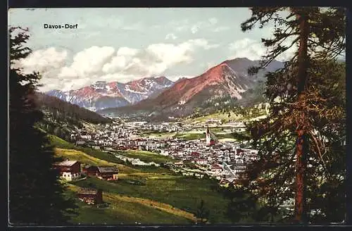 AK Davos-Dorf, Gesamtansicht gegen die Alpen