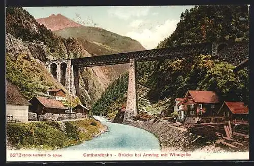 AK Amsteg, Gotthardbahn und Brücke mit Windgelle