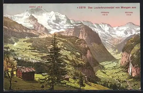 AK Wengen, Blick in das Lauterbrunnental, mit Jungfrau, Grosshorn und Breithorn