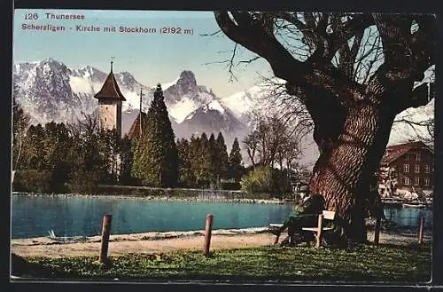 AK Scherzligen am Thunersee, Kirche mit Stockhorn