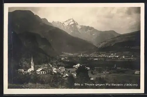 AK Sils, Ortsansicht mit Thusis gegen Piz Beverin