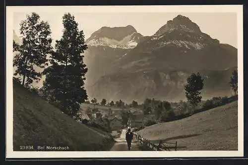 AK Morschach, Wegpartie mit Ortsteilansicht und Bergblick