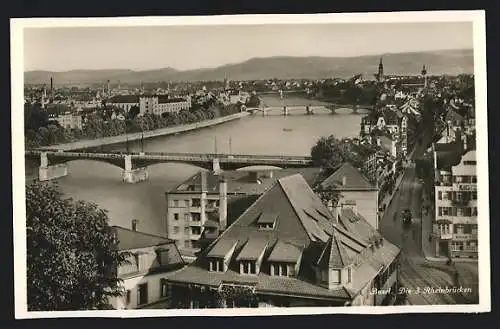 AK Basel, Panoramablick mit den drei Rheinbrücken