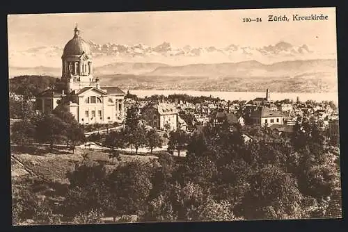 AK Zürich, Kreuzkirche und Blick auf die Alpen