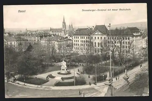 AK Basel, Das Strassburger-Denkmal mit der neuen Realschule