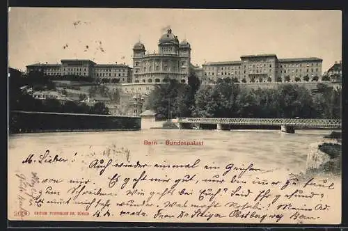 AK Bern, Uferpartie mit Blick zum Bundespalast