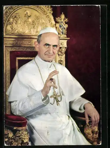 AK Papst Paul VI., Portrait auf Thron mit erhobener Hand