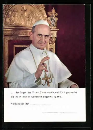 AK Papst Paul VI. mit grossem Kreuzanhänger in segnender Haltung