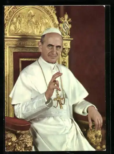 AK Papst Paul VI., Portrait auf Thron mit erhobener Hand