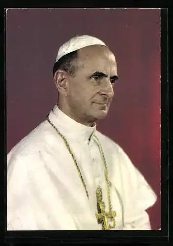 AK Papst Paul VI. in weisser Soutane mit goldenem Kreuzanhänger und Pileolus