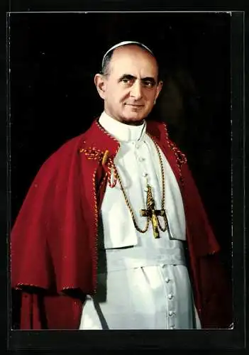 AK Papst Paul VI. in Soutane und rotem Umhang mit Pileolus und goldenem Kreuzanhänger