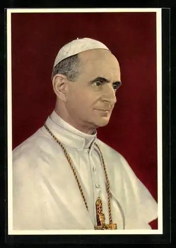 AK Portrait Papst Paul VI. im weissen Gewand mit goldener Kreuz-Kette