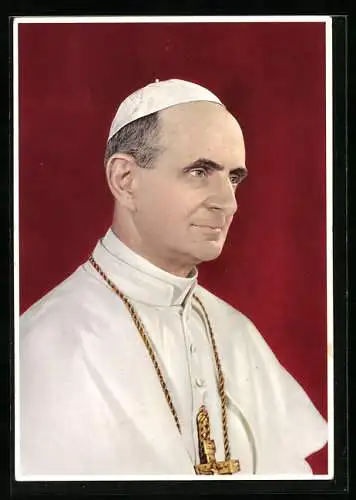 AK Portrait Papst Paul VI. im weissen Gewand mit goldener Kreuz-Kette