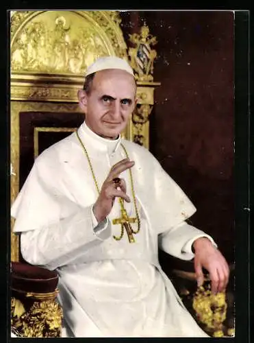 AK Papst Paul VI., Portrait auf Thron mit erhobener Hand