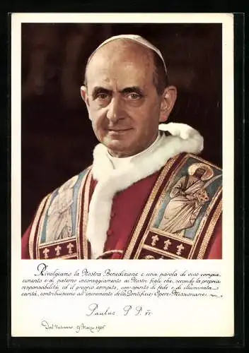 AK Papst Paul VI. im Umhang mit Heiligenbildnissen und seinem Pileolus