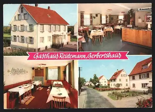 AK Gerbertshaus bei Friedrichshafen, Gasthaus und Pension Reutemann mit Innenansichten, Reihenhausviertel