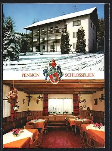 AK Grönenbach /Allgäu, Die Pension Schlossblick im Schnee, mit Innenansicht