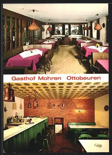 AK Ottobeuren, Der Gasthof Meuren, Ansicht von Bar und Speisezimmer