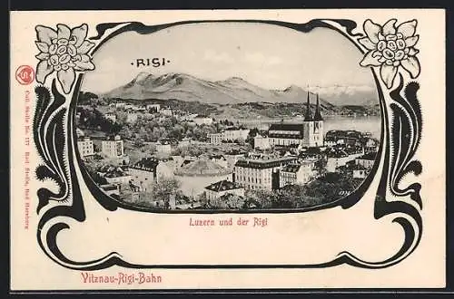 Passepartout-AK Luzern, Ortsansicht mit Kirche, Rigi