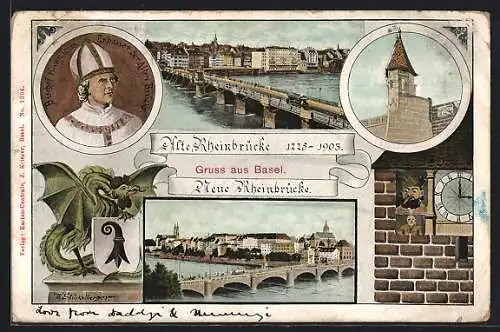 AK Basel, Alte und neue Rheinbrücke, Bischof H. von Thun