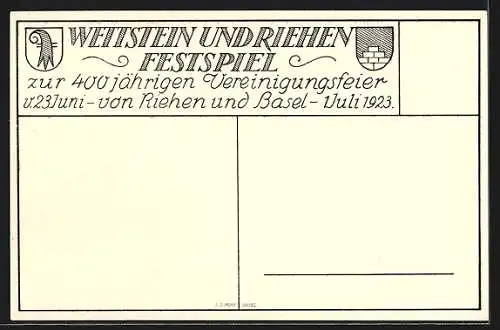 Künstler-AK Riehen, Wettstein und Riehen Festspiel zur 400 jährigen Vereinigungsfeier 1923, Strassenpartie mit Bürgern