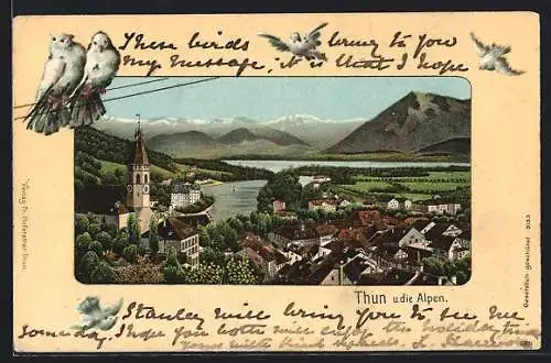 Lithographie Thun, Ortsansicht mit Blick in die Alpen, geprägtes Passepartout mit Tauben