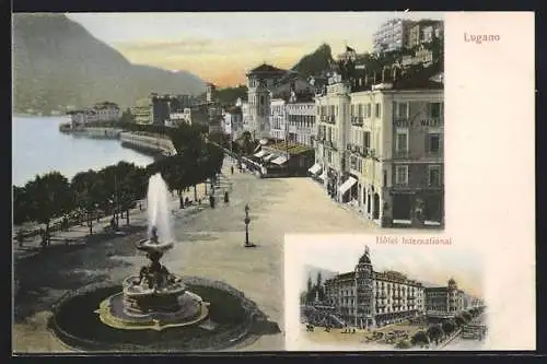 AK Lugano, Brunnen an der Promenade und Hotel International