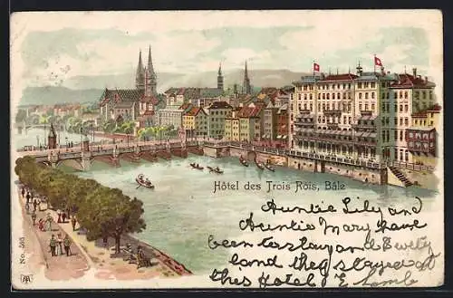 Lithographie Basel, Hôtel des Trois Rois mit Ruderpartie