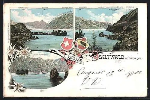 Lithographie Iseltwald am Brienzersee, Seeblick mit Augstmatthorn, Rothhorn, Brünig-Pass, Insel