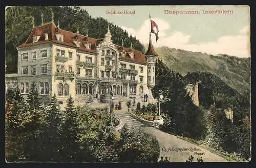 Künstler-AK Interlaken, Schloss-Hotel mit Burg Unspunnen
