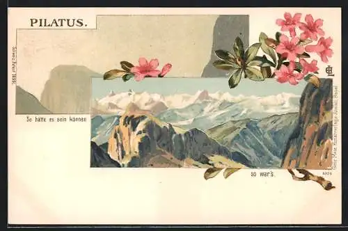 Lithographie Pilatus, vernebelte und klare Ansicht der Berge