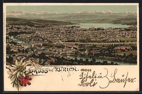 Lithographie Zürich, schönes Panorama