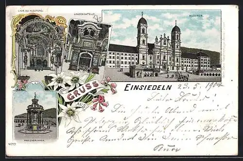 Lithographie Einsiedeln, Kloster, Gnadenkapelle, Marienbrunnen